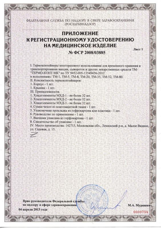 Приложение к регистрационному удостоверению на термоконтейнеры "Термо-Конт МК"
